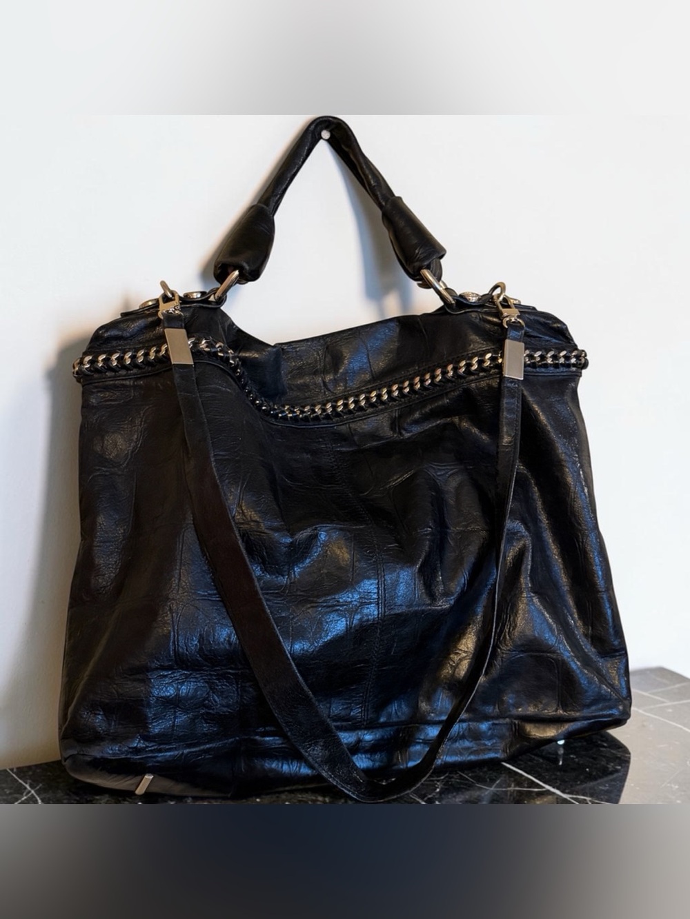 Vintage Tre Vero Black Leather Croc Embossed Chain Accent Purse
